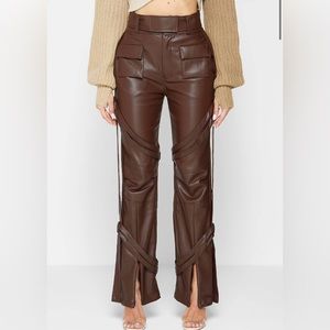 MANIERE DE VOIR BROWN VEGAN LEATHER CARPENTER CARGO TROUSERS- NWT!